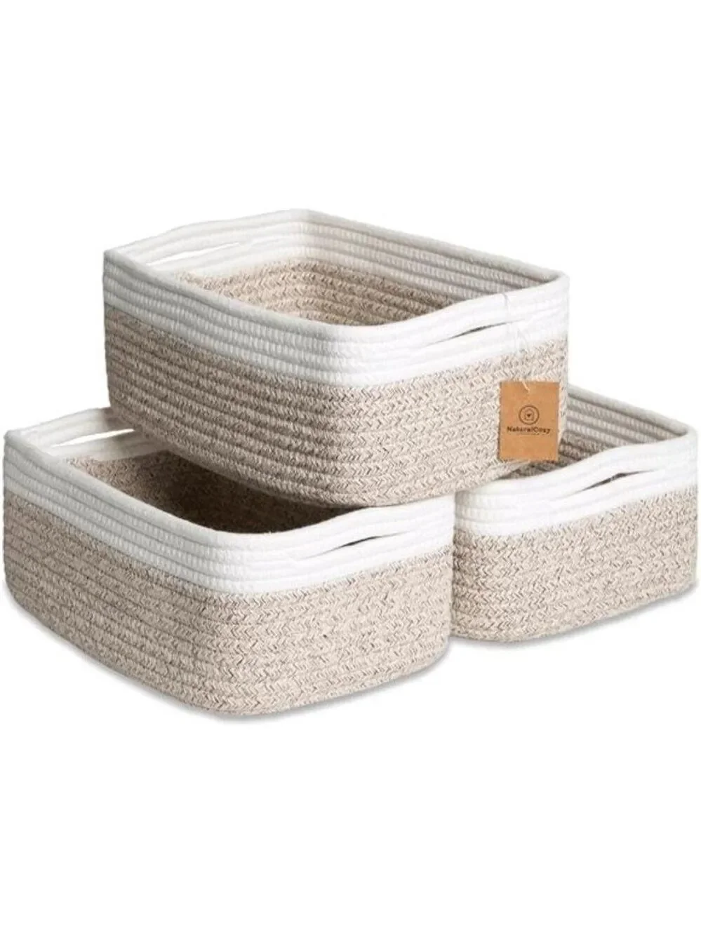 Cotton Rope Storage Baskets Set of 3 Small Woven Organizer Bins for Shelves